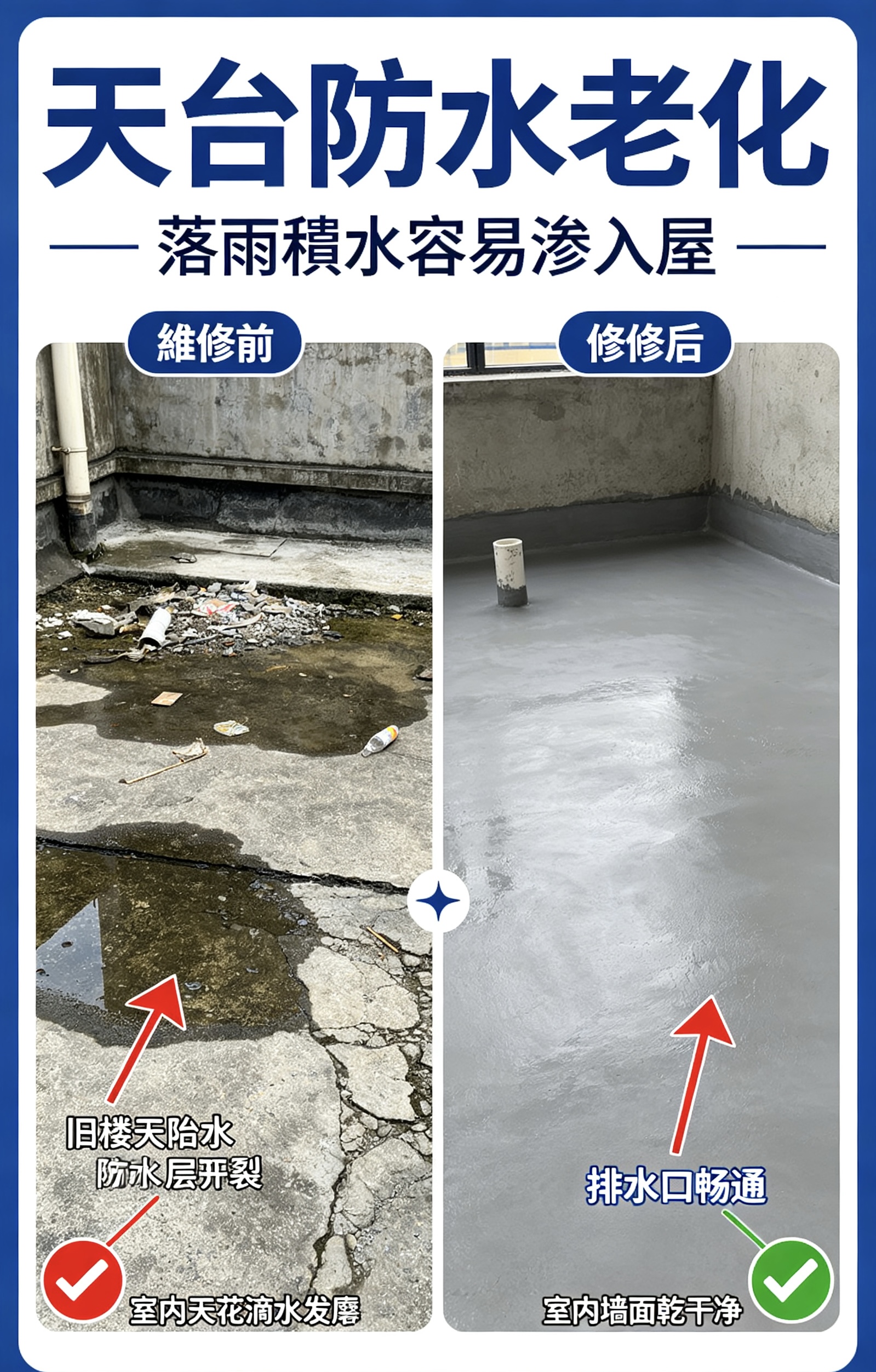 天台防水老化與翻新前後對比